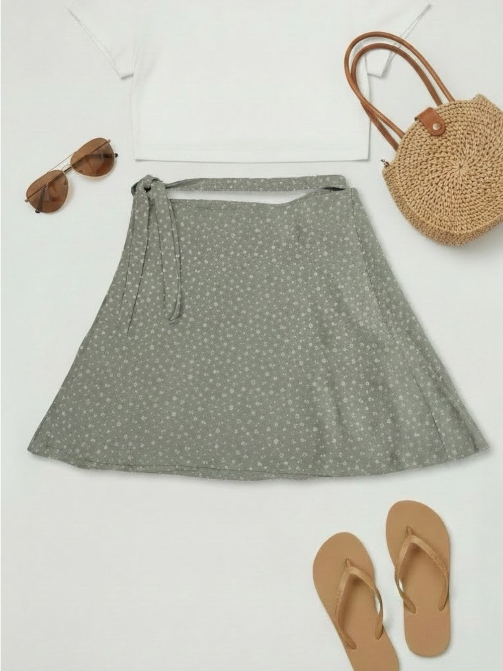 Brandy Melville Sage Green Floral Tie-Waist A-Line Skirt
